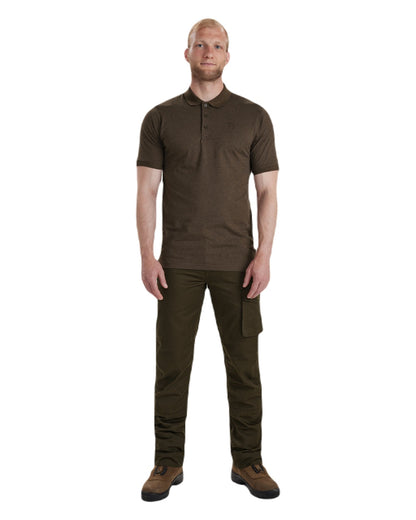 Brown Leaf Melange coloured Deerhunter Gunnar Polo Shirt on white background #colour_brown-leaf-melange