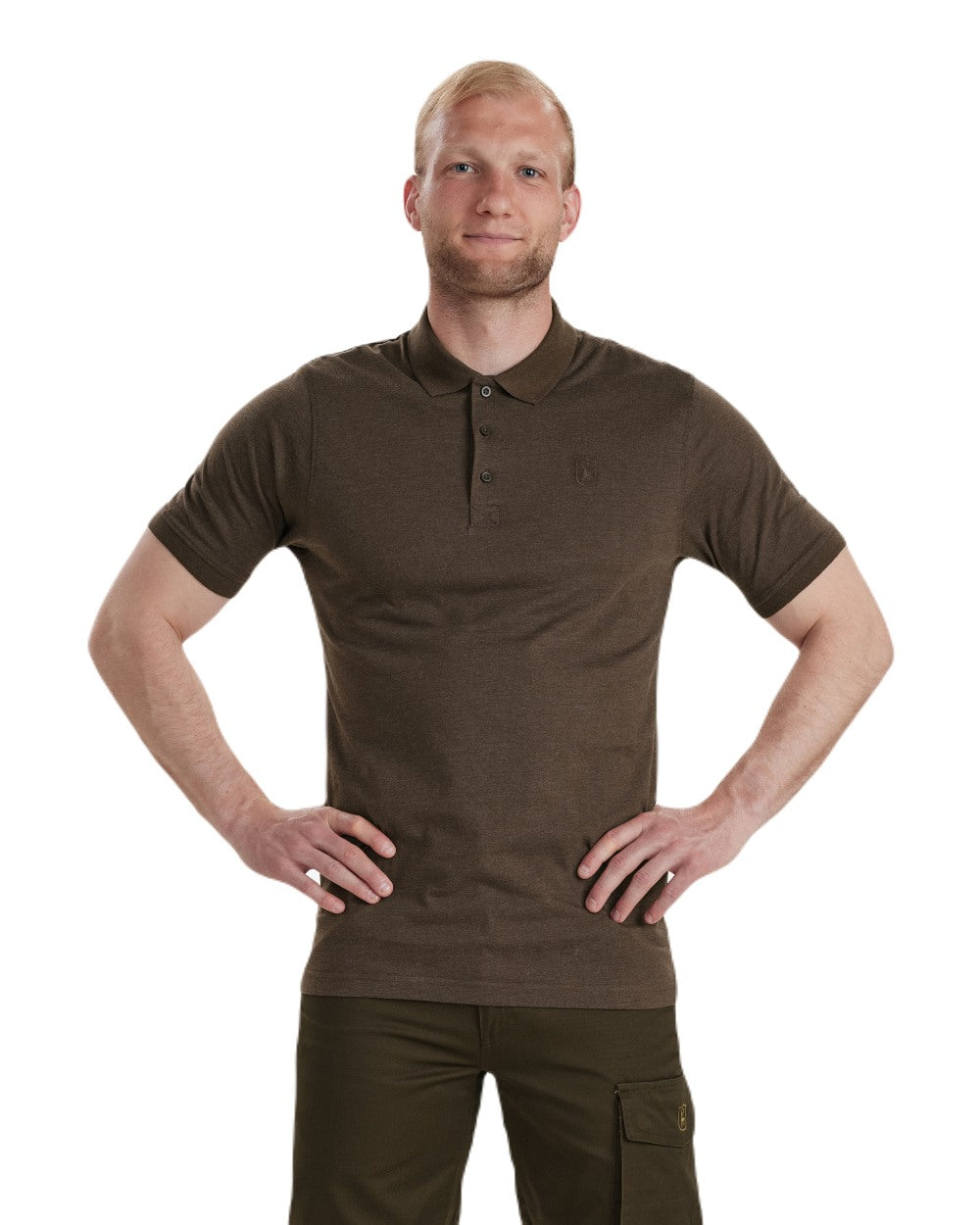 Brown Leaf Melange coloured Deerhunter Gunnar Polo Shirt on white background #colour_brown-leaf-melange
