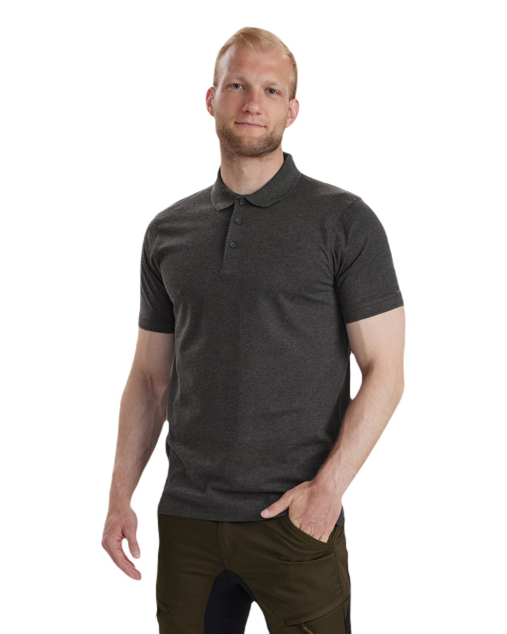 Dark Grey Melange coloured Deerhunter Gunnar Polo Shirt on white background #colour_dark-grey-melange