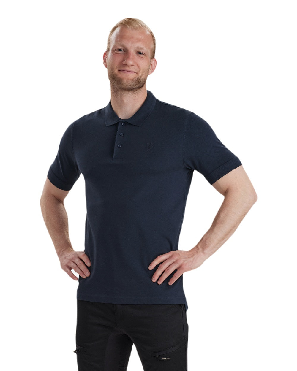 Dark Blue Deerhunter Harris Polo Shirt on white background #colour_dark-blue