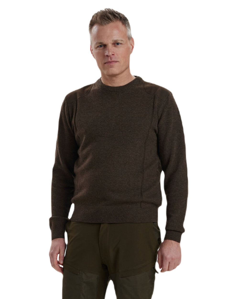 Dark Elm coloured Deerhunter Kingston Knit O-Neck Jumper on white background #colour_dark-elm