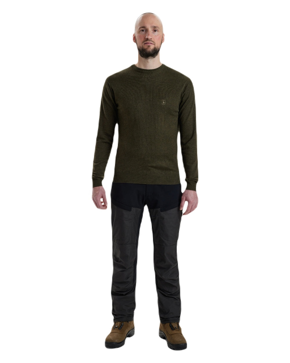 Green Melange coloured Deerhunter Kingston Knit O-Neck Jumper on white background #colour_green-melange
