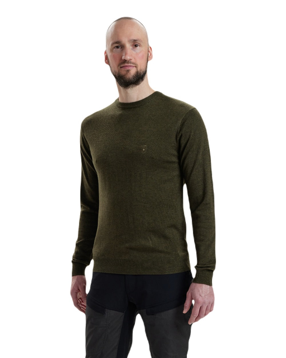 Green Melange coloured Deerhunter Kingston Knit O-Neck Jumper on white background #colour_green-melange