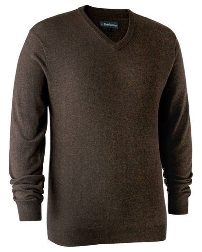 Dark Elm coloured Deerhunter Kingston Knit V-Neck Jumper On white background #colour_dark-elm