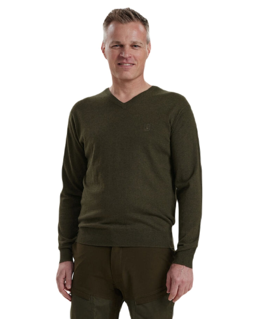 Green Melange coloured Deerhunter Kingston Knit V-Neck Jumper on white background #colour_green-melange