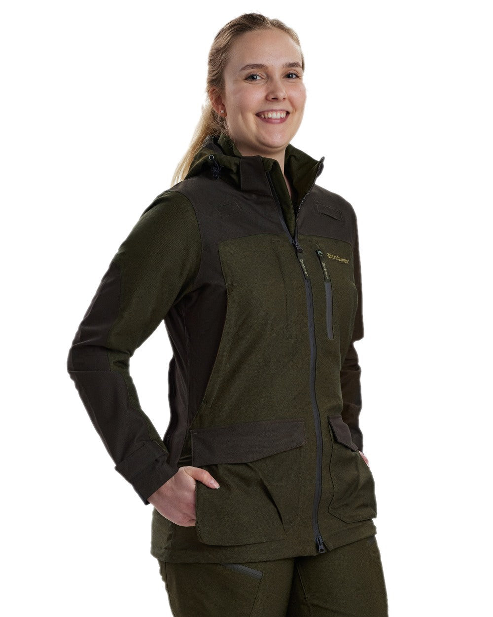 Olive Night Melange Coloured Deerhunter Lady Chasse Jacket on white background #colour_olive-night-melange