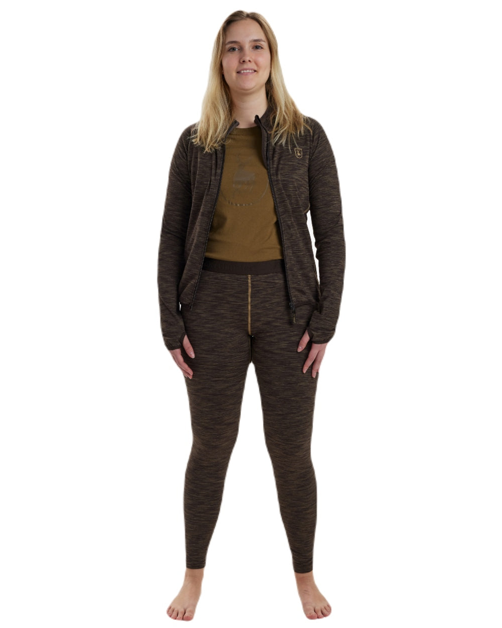 Brown Melange coloured Deerhunter Lady Insulated Leggings on white background #colour_brown-melange