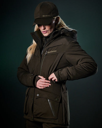 Art Green coloured Deerhunter Lady Muflon Pro Fleece Jacket on forest background #colour_art-green