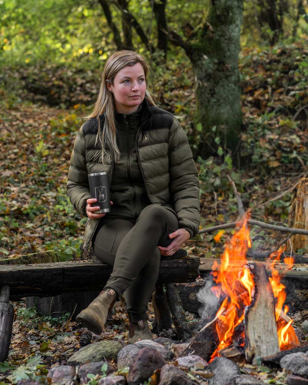 Rifle Green coloured Deerhunter Lady Northward Fleece Jacket on forest background #colour_rifle-green