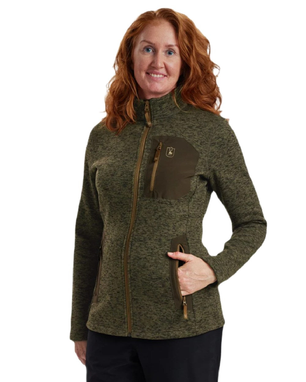Olive Night Melange coloured Deerhunter Lady Sarek Knitted Jacket on white background #colour_olive-night-melange