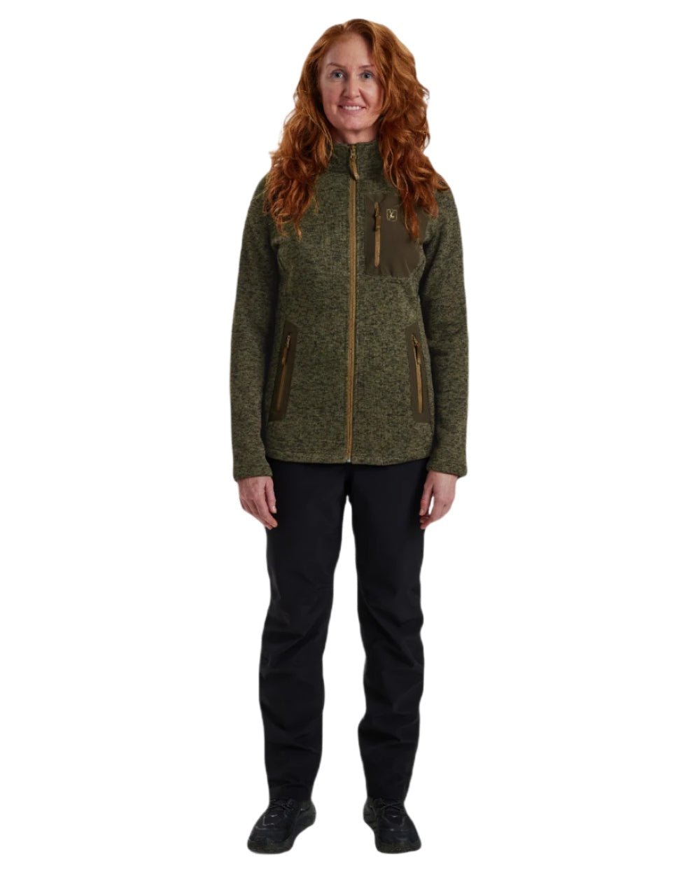 Olive Night Melange coloured Deerhunter Lady Sarek Knitted Jacket on white background #colour_olive-night-melange