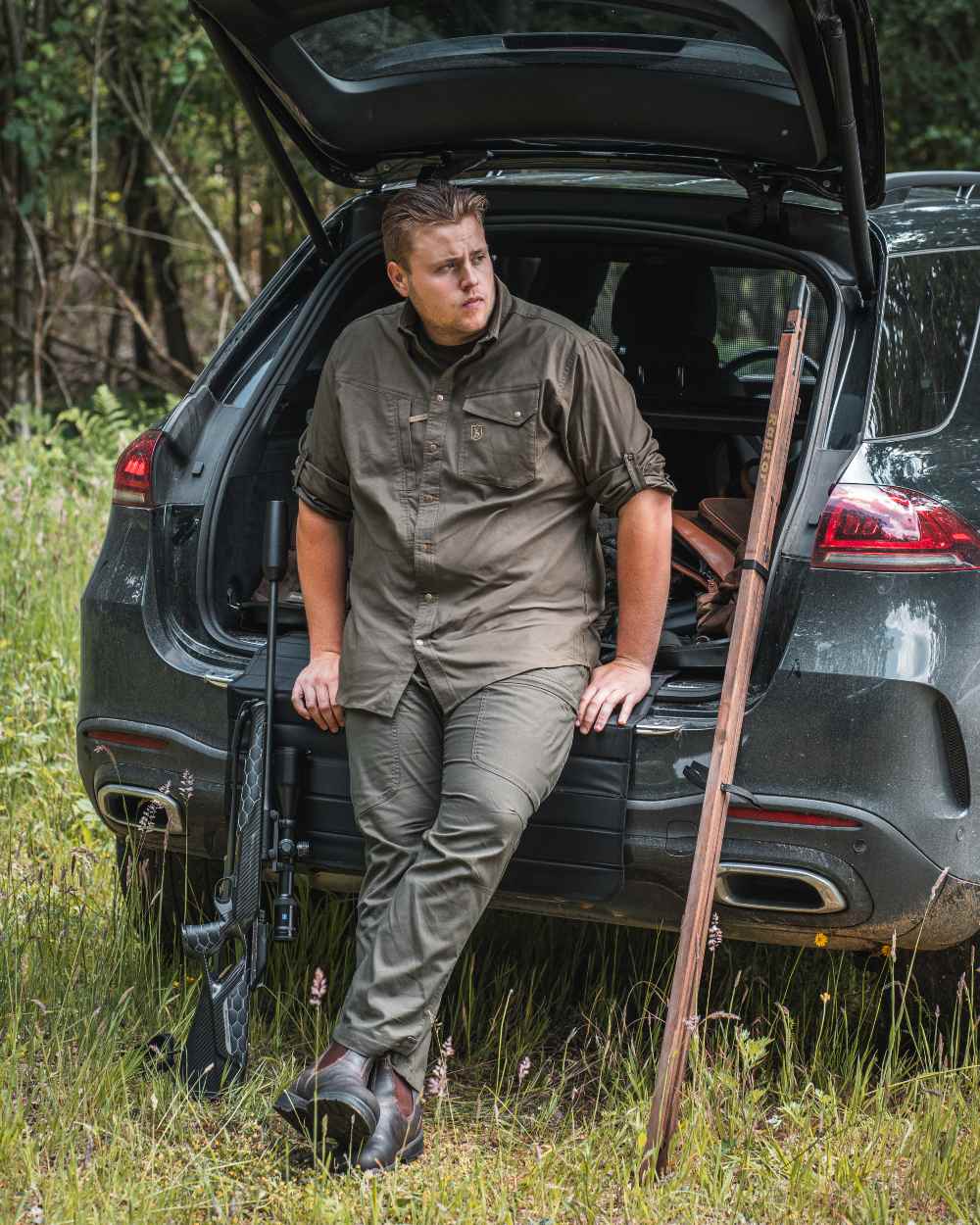 Forest Green coloured Deerhunter Matobo Shirt on car background #colour_forest-green