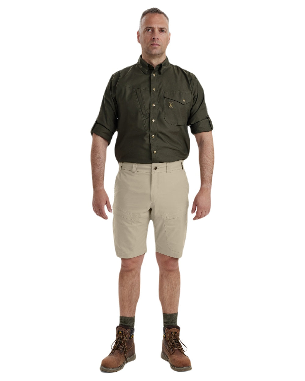 Beige coloured Deerhunter Matobo Shorts on white background #colour_beige