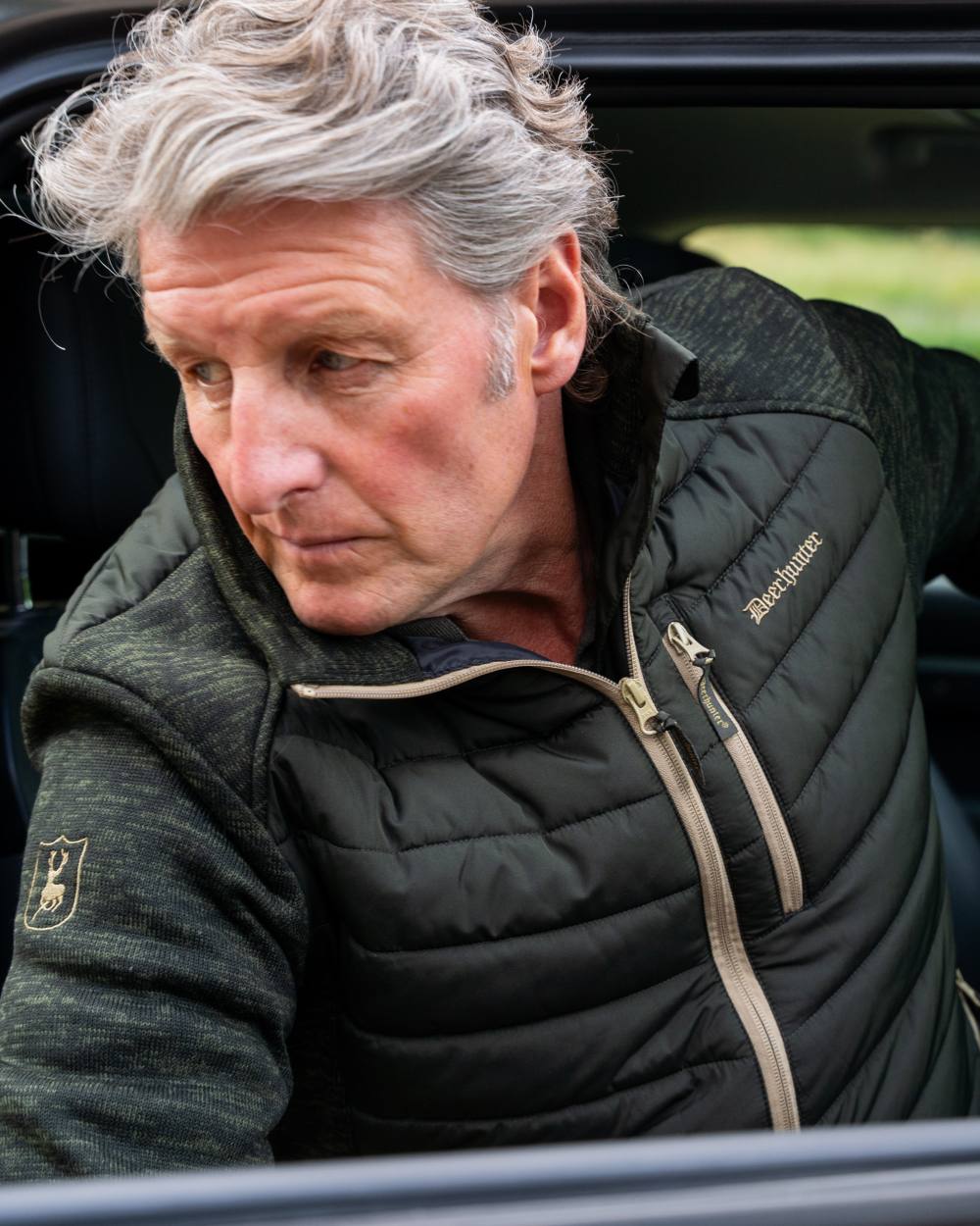 Forest Ember coloured Deerhunter Mens Moor Padded Jacket on car background #colour_forest-ember