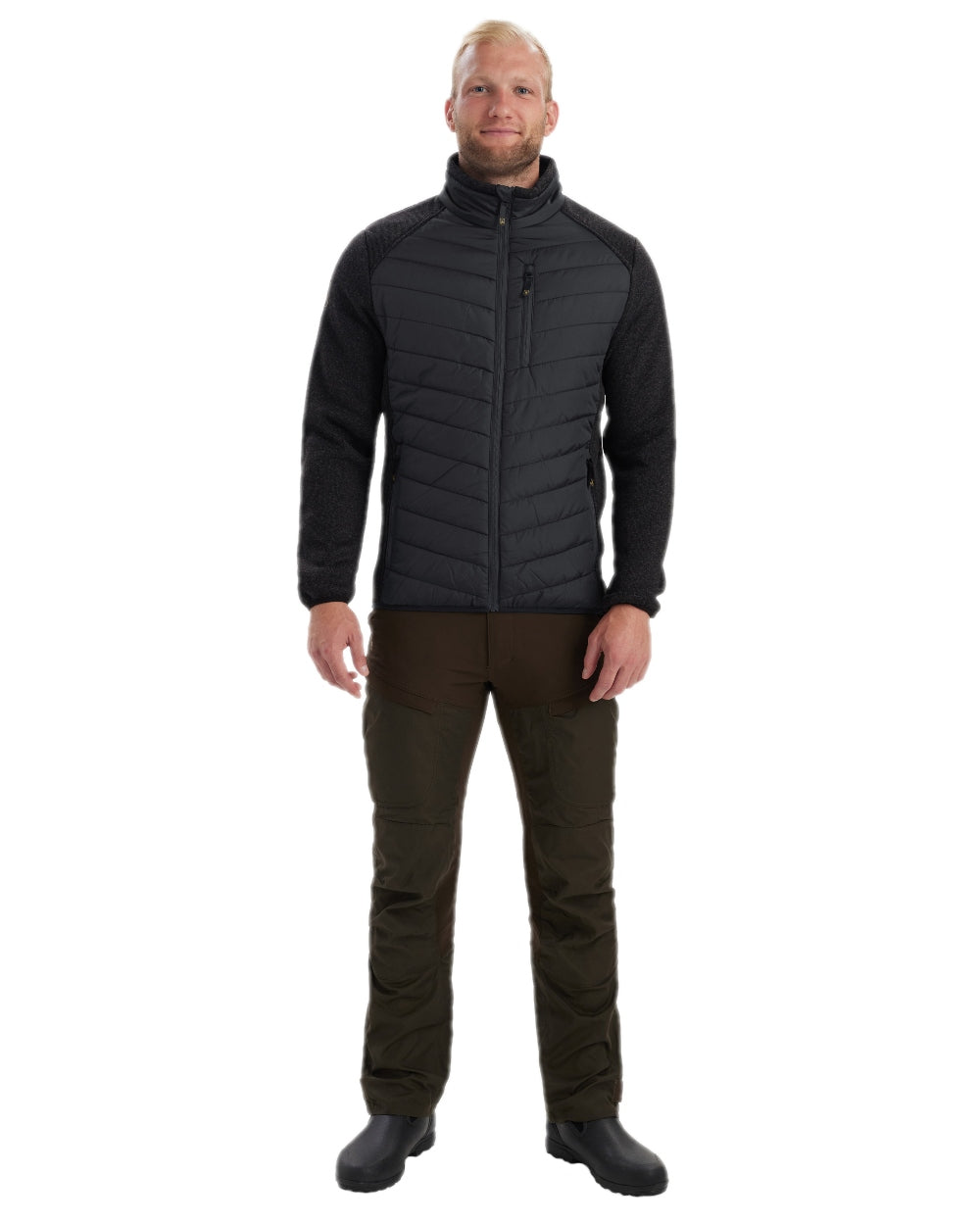 Black Coloured Deerhunter Moor Padded Jacket with Knitted Sleeves on white background #colour_black