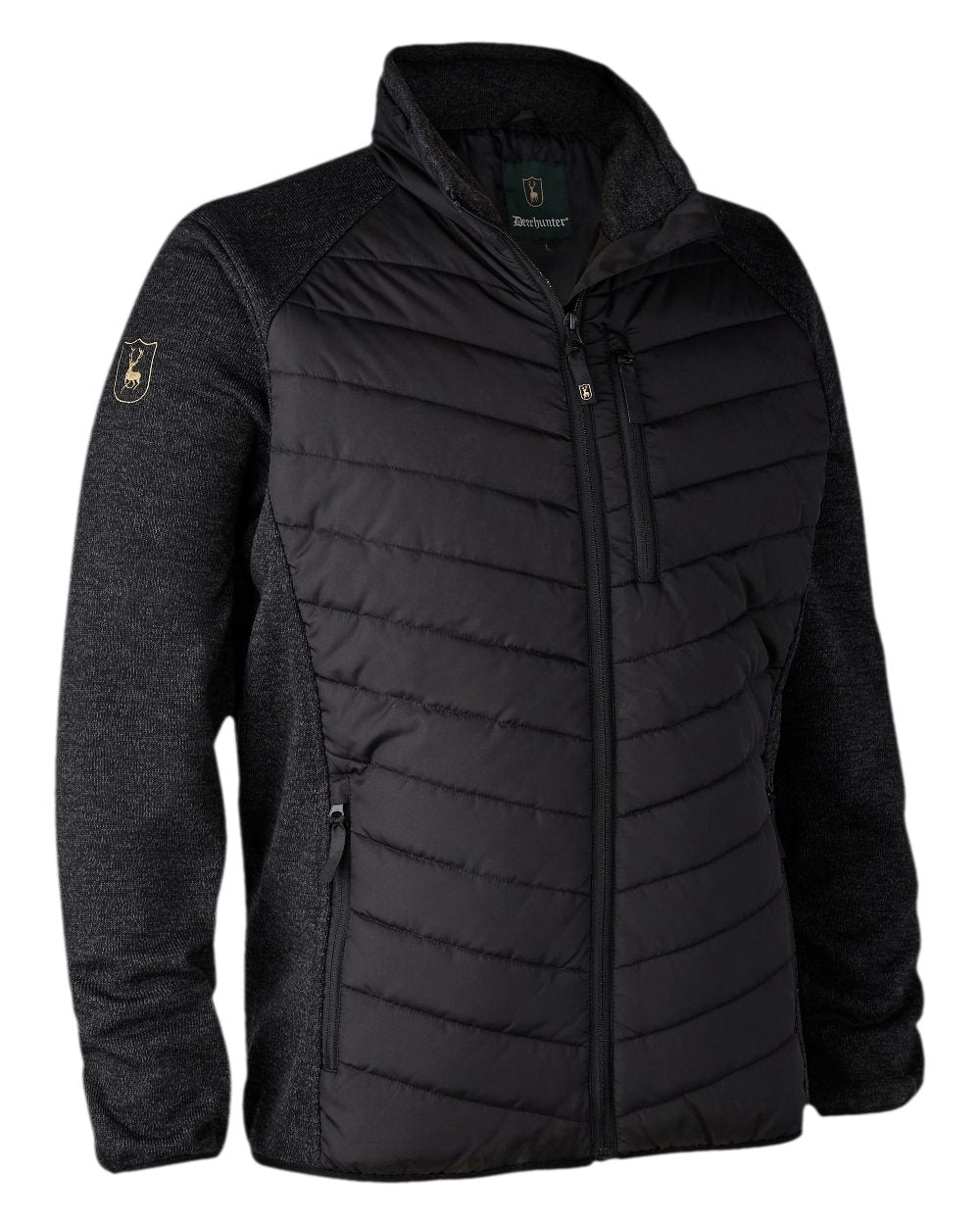 Black Coloured Deerhunter Moor Padded Jacket with Knitted Sleeves on white background #colour_black