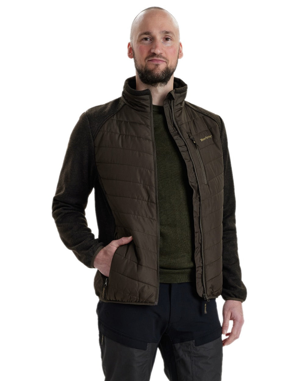 Brown Leaf Coloured Deerhunter Moor Padded Jacket with Knitted Sleeves on white background #colour_brown-leaf