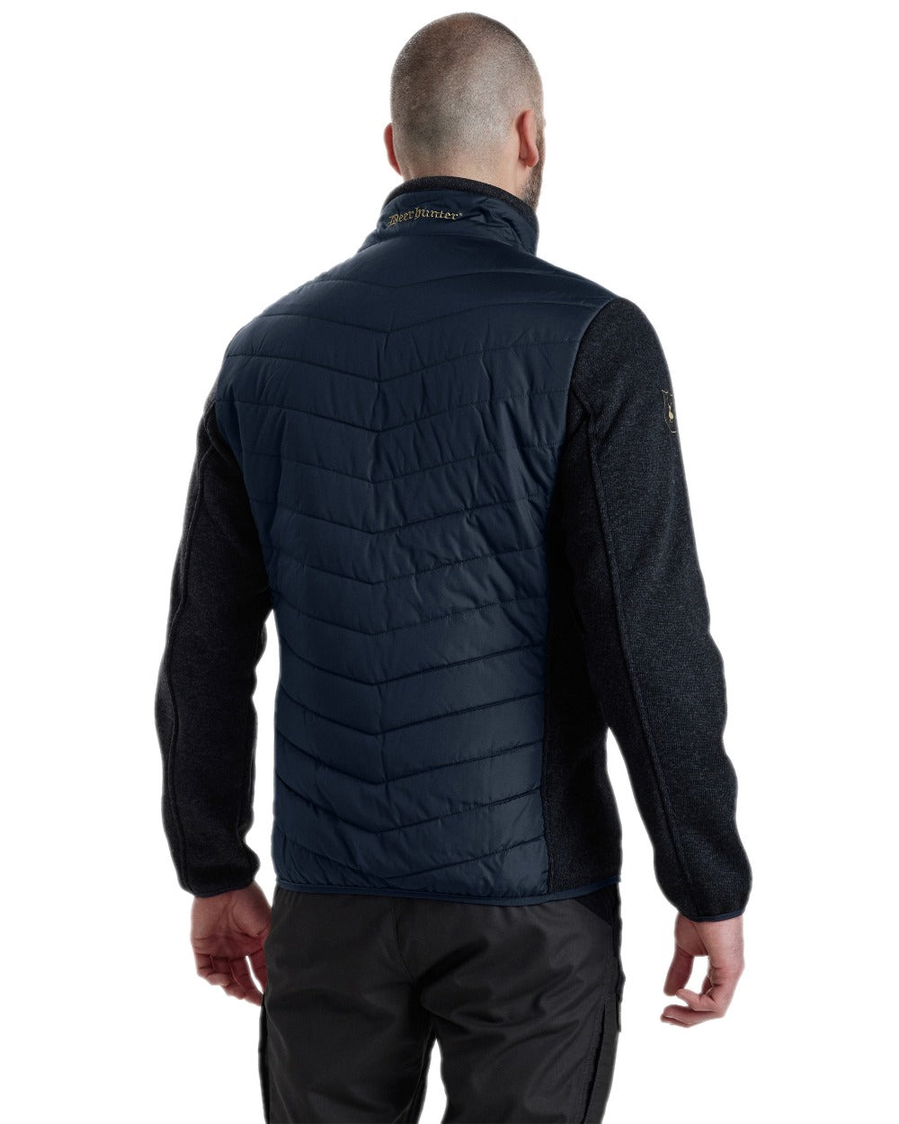 Dark Blue Coloured Deerhunter Moor Padded Jacket with Knitted Sleeves on white background #colour_dark-blue