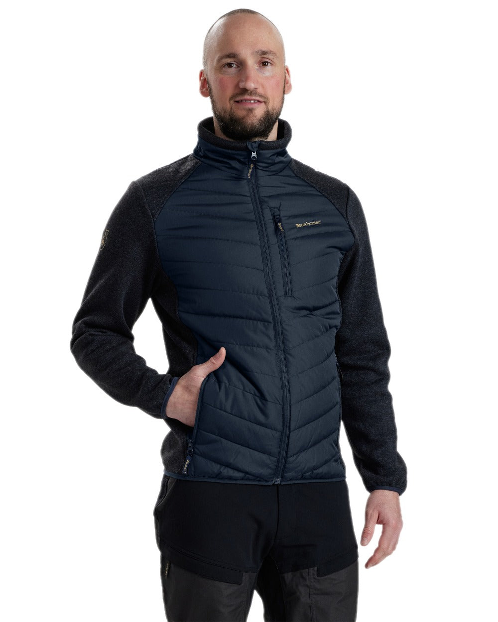 Dark Blue Coloured Deerhunter Moor Padded Jacket with Knitted Sleeves on white background #colour_dark-blue