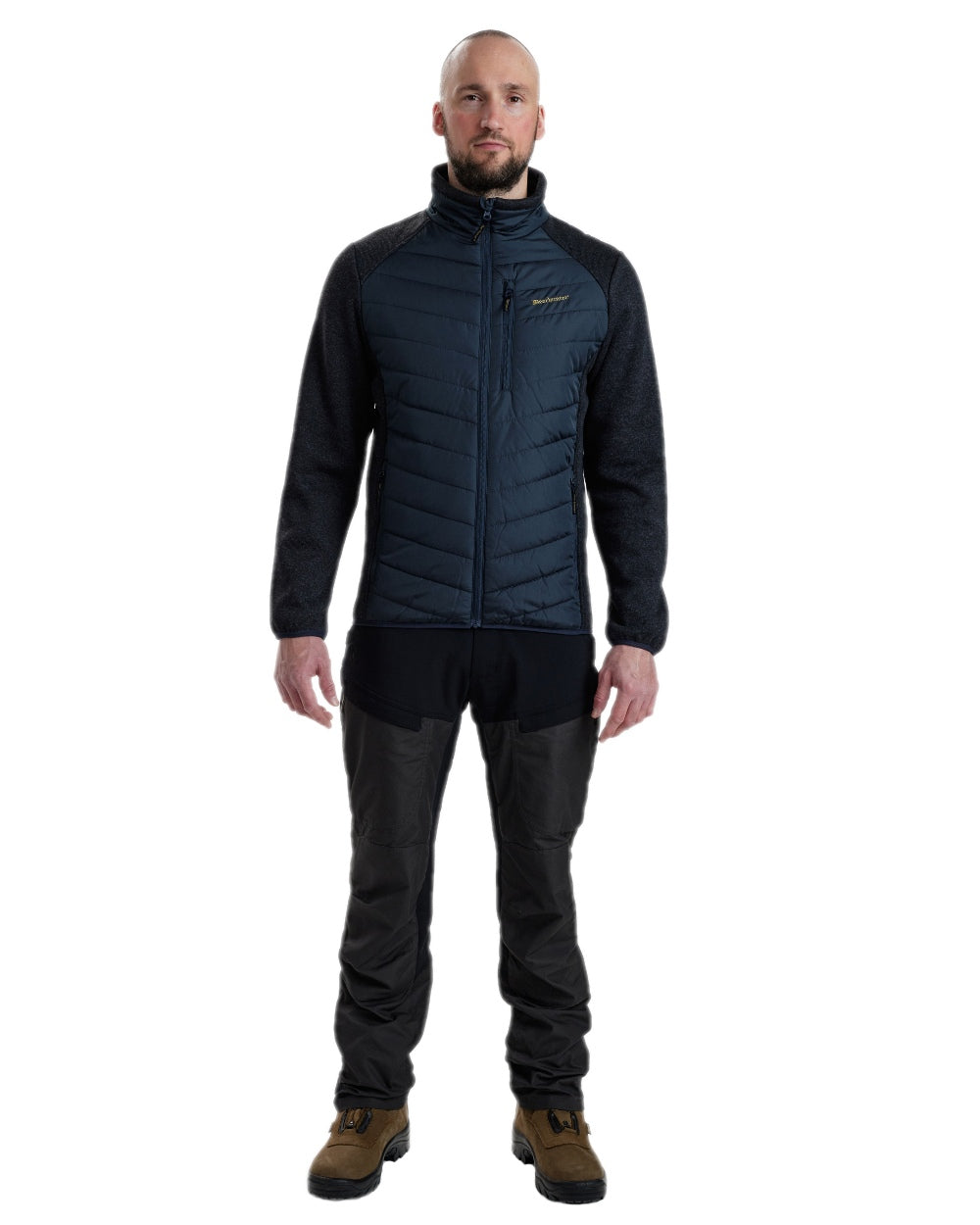 Dark Blue Coloured Deerhunter Moor Padded Jacket with Knitted Sleeves on white background #colour_dark-blue