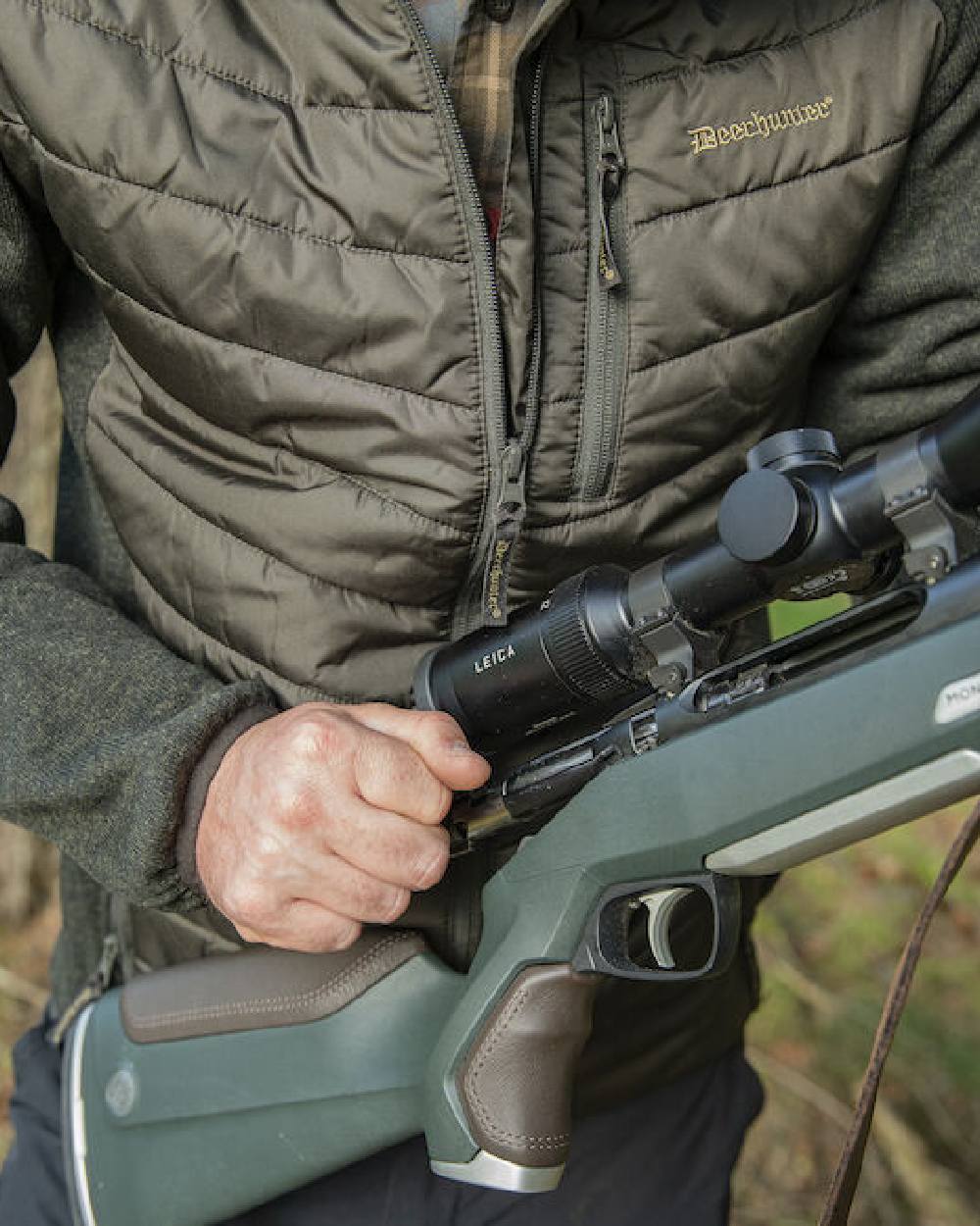 Timber Coloured Deerhunter Moor Padded Jacket with Knitted Sleeves on blurry background #colour_timber