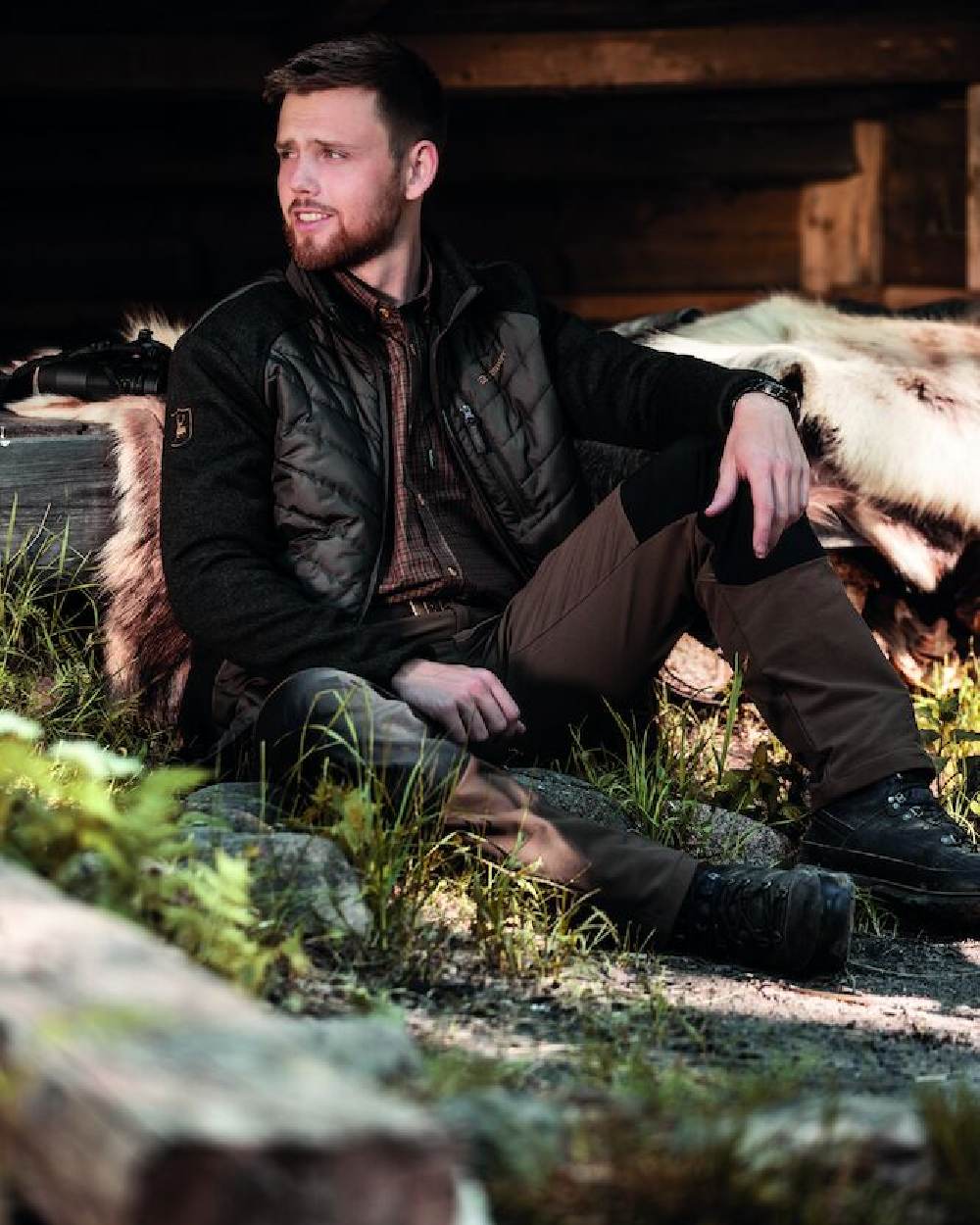 Timber Coloured Deerhunter Moor Padded Jacket with Knitted Sleeves on wood background #colour_timber