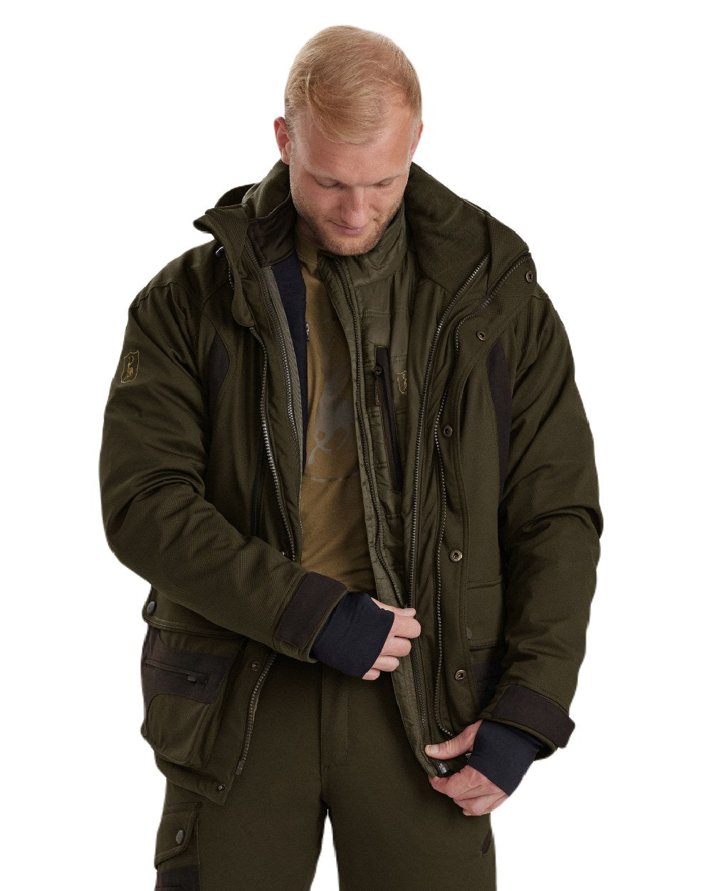 Art Green coloured Deerhunter Muflon Zip In Quilted Jacket on white background #colour_art-green