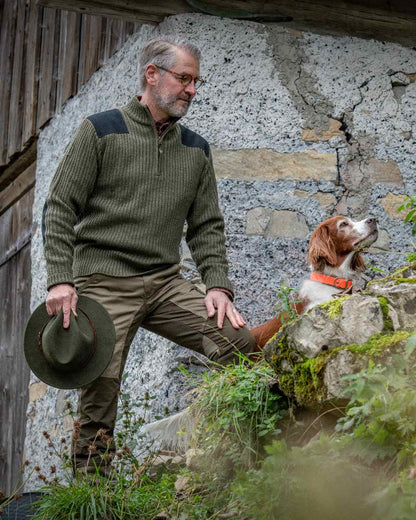 Driftwood Coloured Deerhunter Rogaland Contrast Stretch Trousers on wall background #colour_driftwood