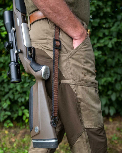 Driftwood Coloured Deerhunter Rogaland Contrast Stretch Trousers on forest background #colour_driftwood