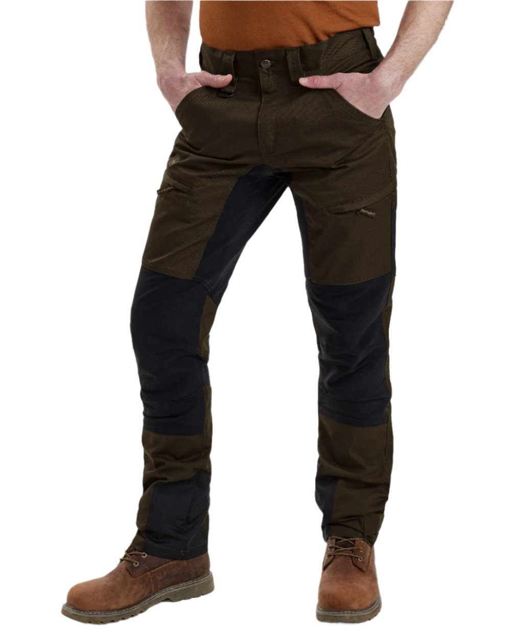 Fallen Leaf Coloured Deerhunter Rogaland Contrast Stretch Trousers on forest background #colour_fallen-leaf