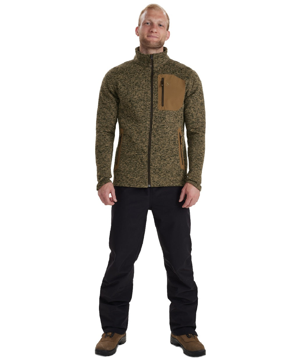 Butternut Melange coloured Deerhunter Sarek Knitted Jacket on white background #colour_butternut-melange