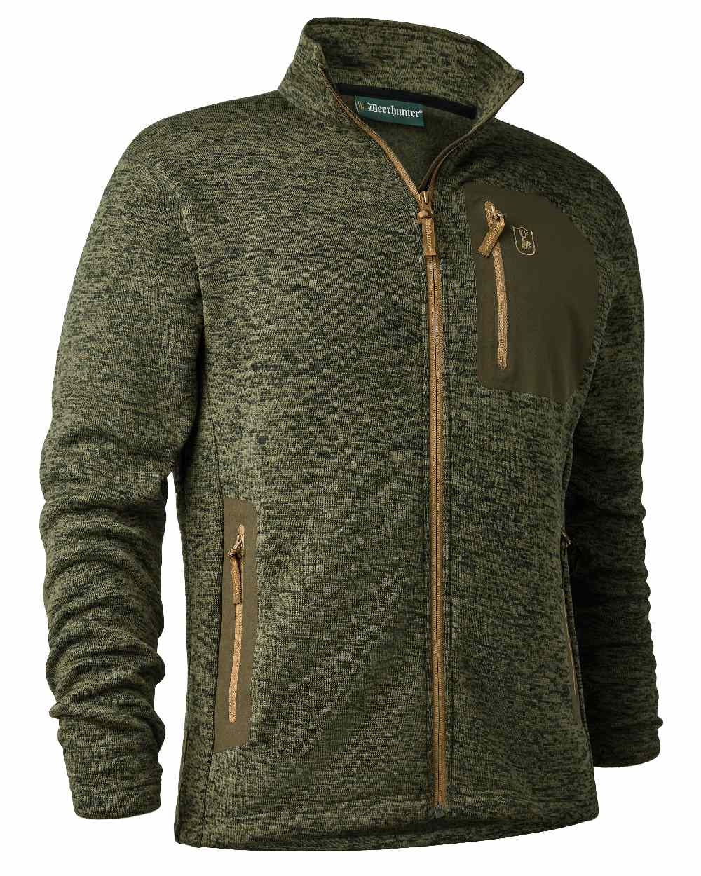 Olive Night Melange coloured Deerhunter Sarek Knitted Jacket on white background #colour_olive-night-melange