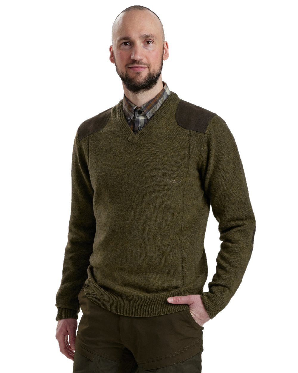 Cypress coloured Deerhunter Sheffield V-Neck Sweater on white background #colour_cypress