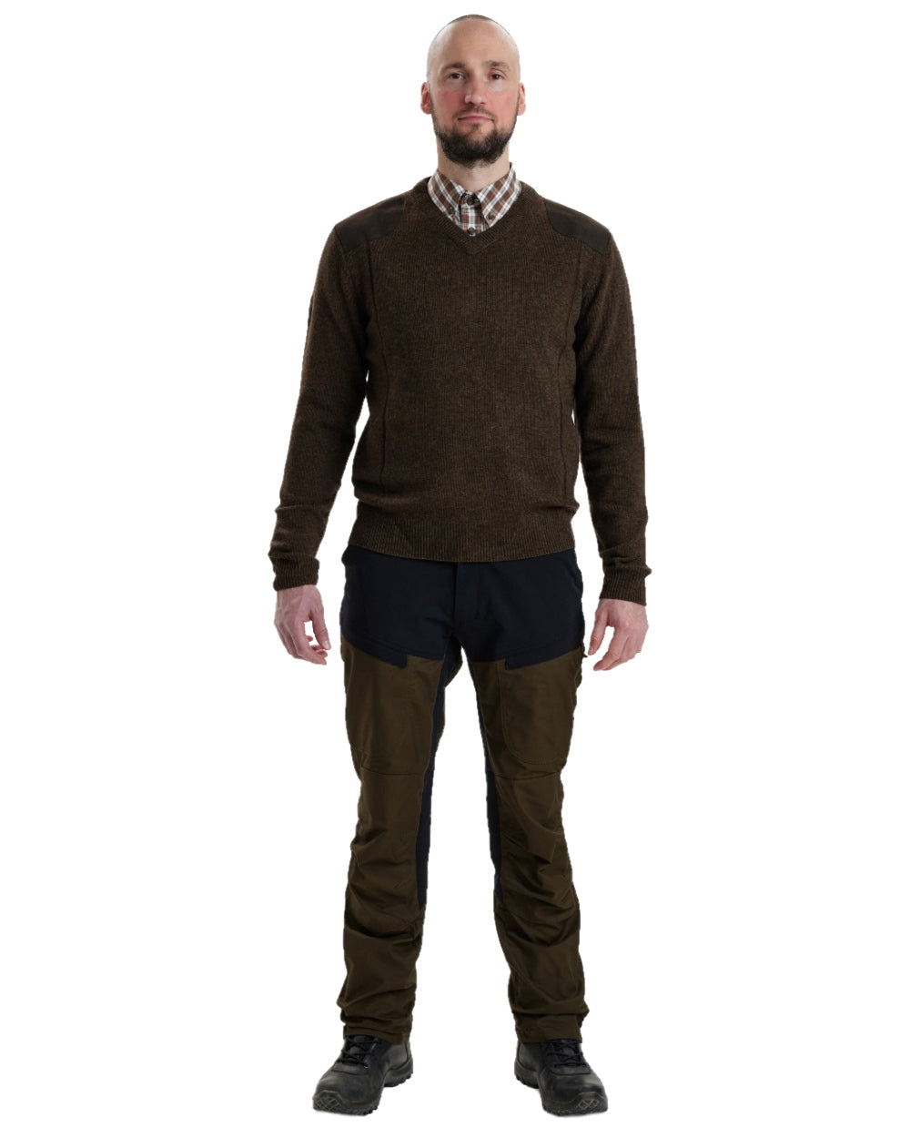 Dark Elm coloured Deerhunter Sheffield V-Neck Sweater on white background #colour_dark-elm
