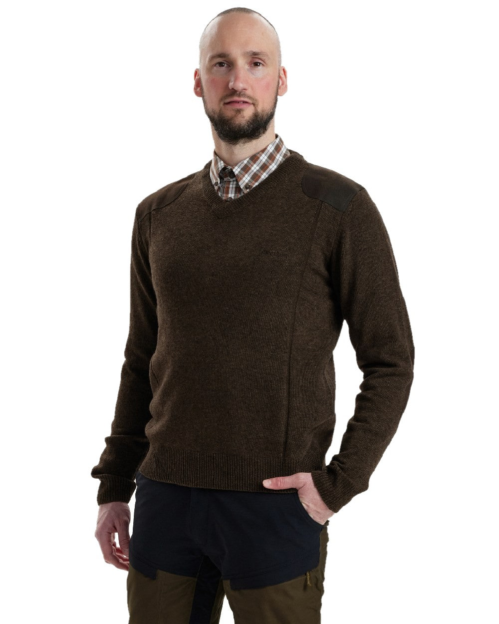 Dark Elm coloured Deerhunter Sheffield V-Neck Sweater on white background #colour_dark-elm