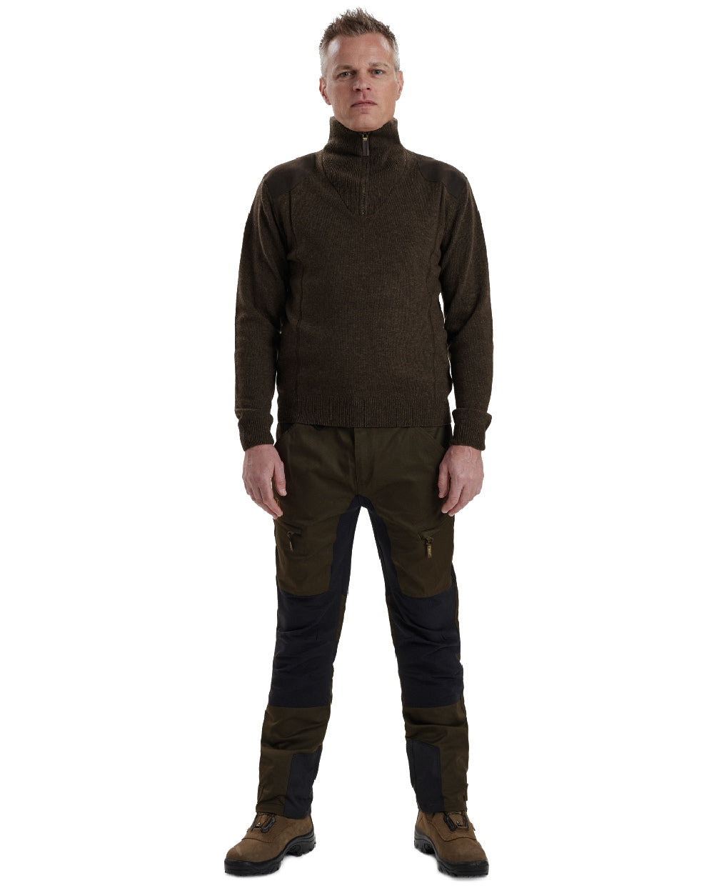 Dark Elm coloured Deerhunter Sheffield Zip Neck Sweater on white background #colour_dark-elm