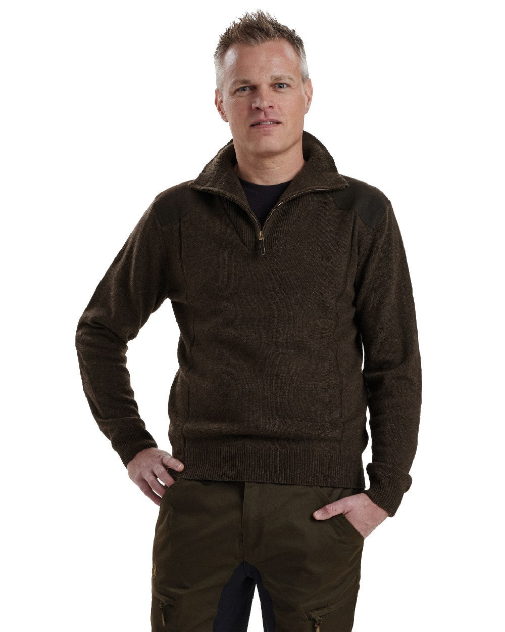 Dark Elm coloured Deerhunter Sheffield Zip Neck Sweater on white background #colour_dark-elm