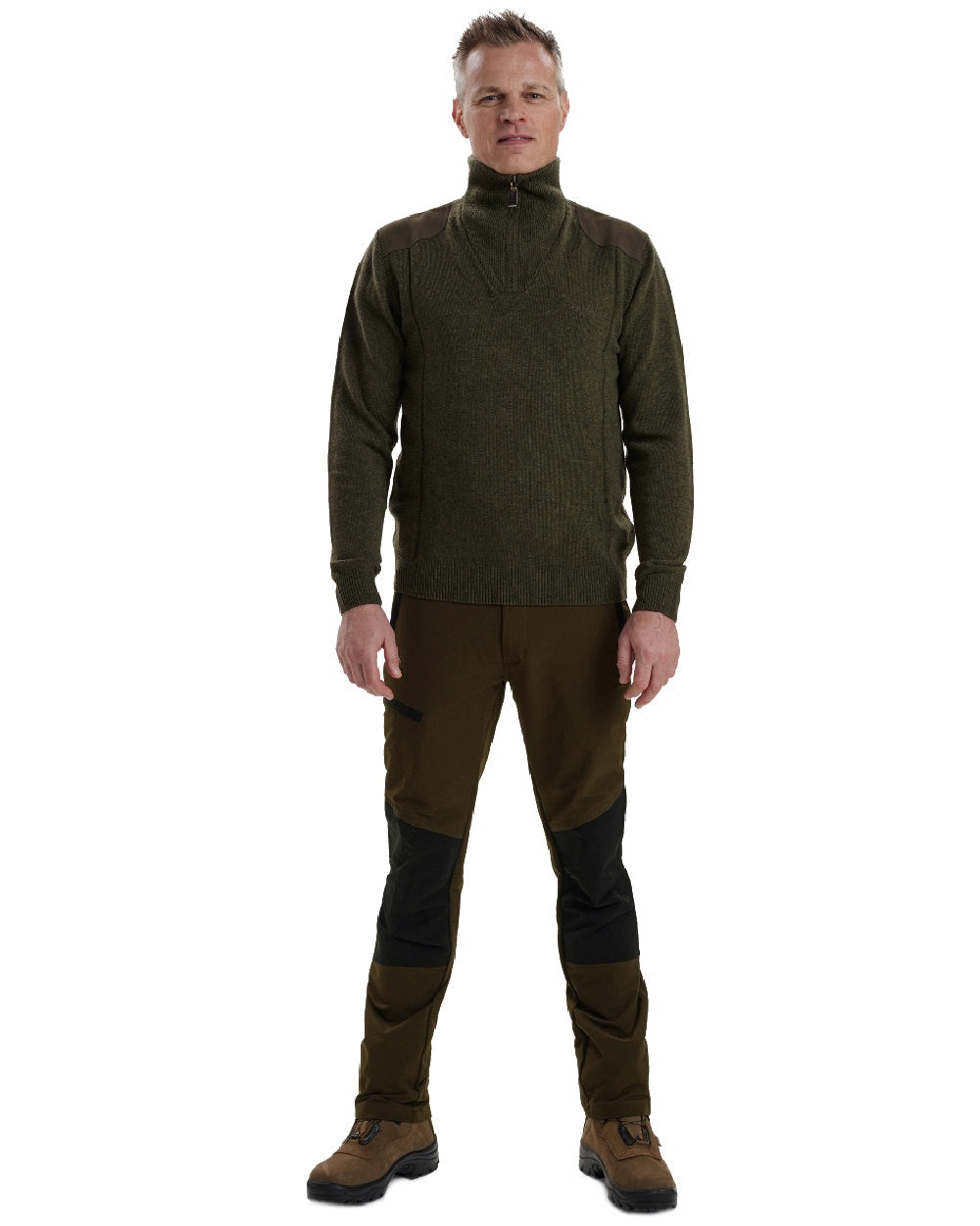 Green Melange coloured Deerhunter Sheffield Zip Neck Sweater on white background #colour_green-melange
