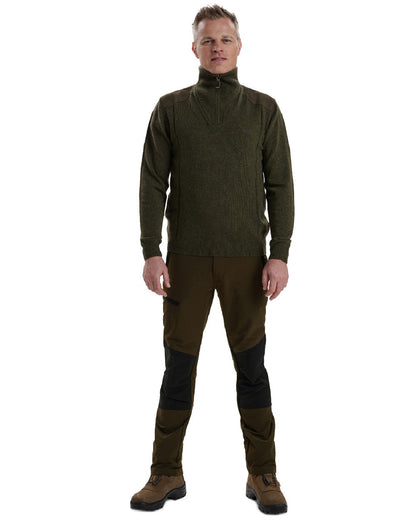 Green Melange coloured Deerhunter Sheffield Zip Neck Sweater on white background #colour_green-melange