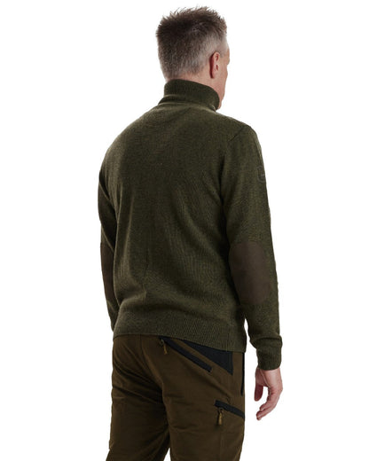 Green Melange coloured Deerhunter Sheffield Zip Neck Sweater on white background #colour_green-melange