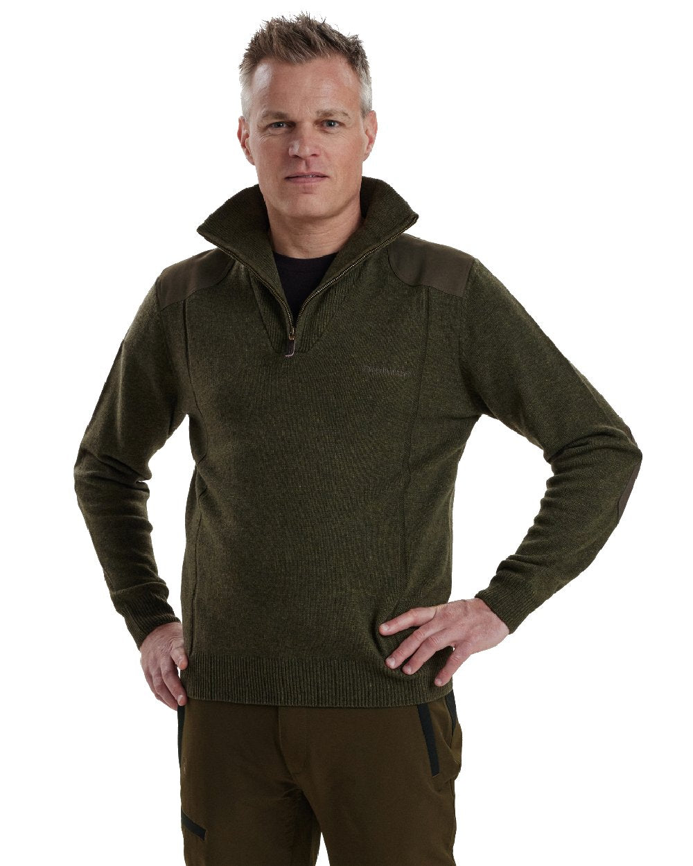 Green Melange coloured Deerhunter Sheffield Zip Neck Sweater on white background #colour_green-melange