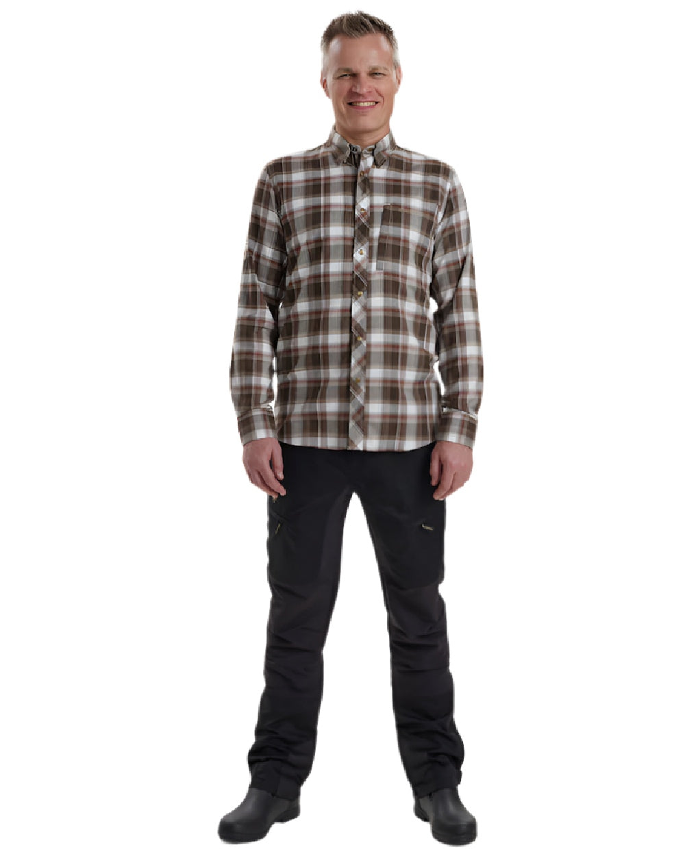 Brown Check coloured Deerhunter Silas Shirt on white background #colour_brown-check