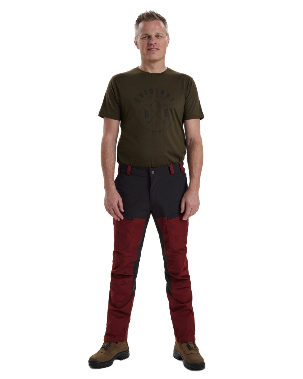 Oxblood Red coloured Deerhunter Strike Trousers on white background #colour_oxblood-red