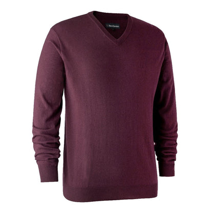 Deerhunter Kingston Knit V-Neck Jumper in Burgundy - Front #colour_burgundy