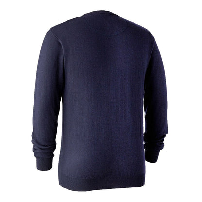 Deerhunter Kingston Knit V-Neck Jumper in Dark Blue - Back #colour_dark-blue
