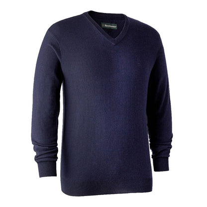 Deerhunter Kingston Knit V-Neck Jumper in Dark Blue - Front #colour_dark-blue