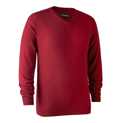 Deerhunter Kingston Knit V-Neck Jumper in Red - Front #colour_red