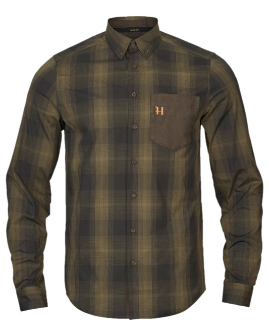 Willow Green Shadow Brown Coloured Harkila Akkan Shirt on white background #colour_willow-green-shadow-brown