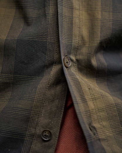 Willow Green Shadow Brown Coloured Harkila Akkan Shirt on outdoor background #colour_willow-green-shadow-brown