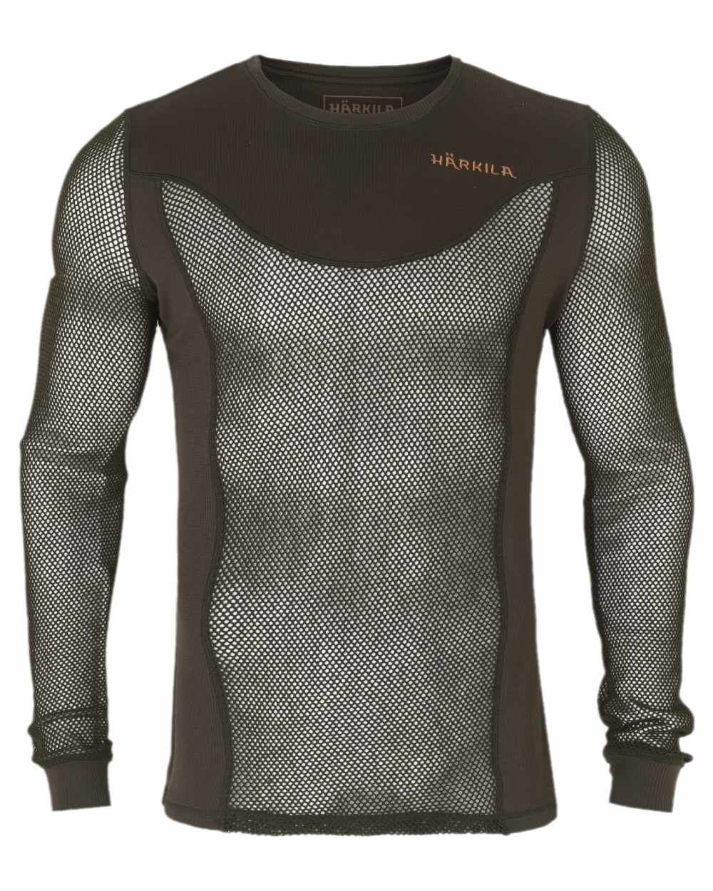 Shadow Brown Coloured Harkila Base Mesh Crew Neck on white background #colour_shadow-brown